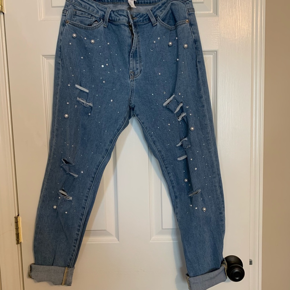 Forever 21 Pearl & Rhinestone Boyfriend Jeans
